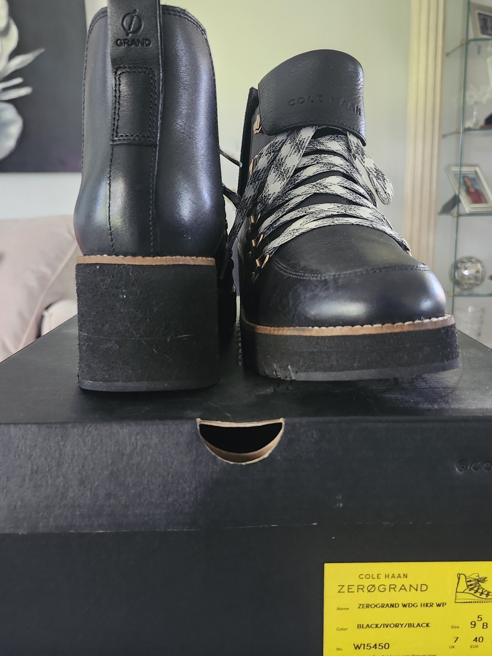Cole Haan Black and Ivory Wedge Lace-Up Heeled Boot